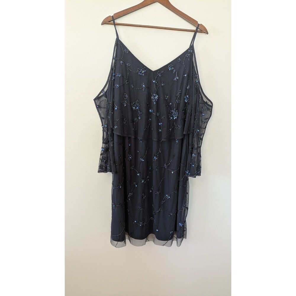 Adrianna Papell Beaded Cold Shoulder Dress 20W Navy Blue Wedding Guest NWT
